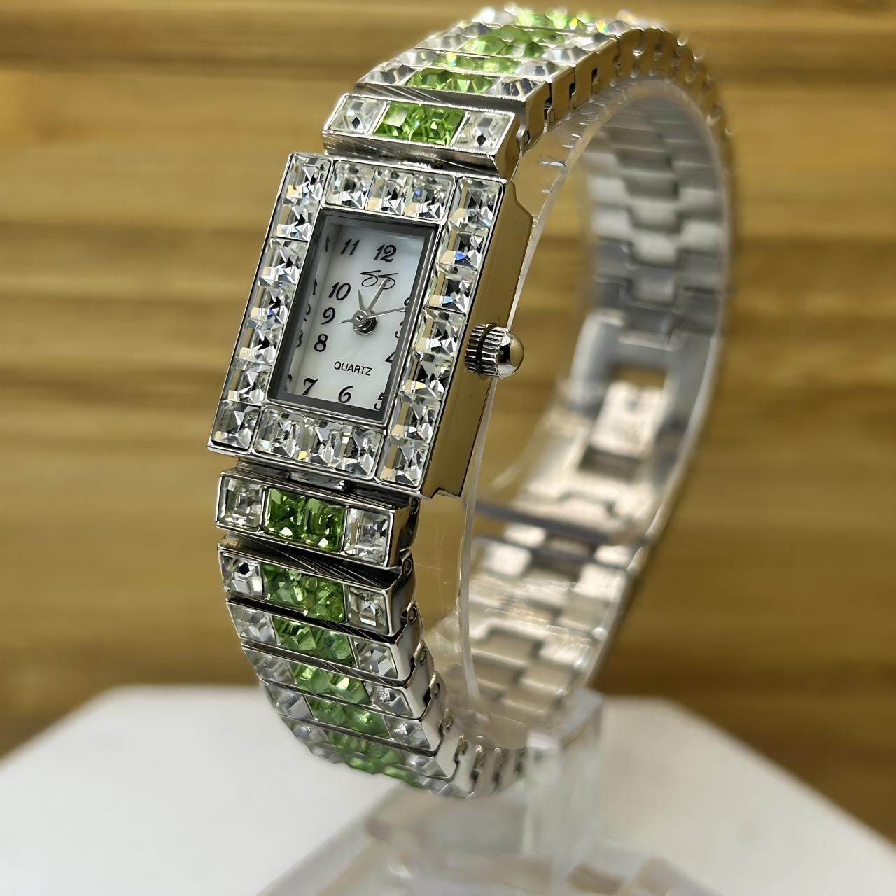 Suzanne Somers Deco Watch Green Square Channel Set Stones Women's Silver Tone Bracelet MOP Dial Japan Movement